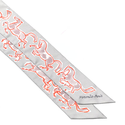 Hermes Silk Chevaux En Liberte Twilly Gris Perle Rouge White 2 of 4