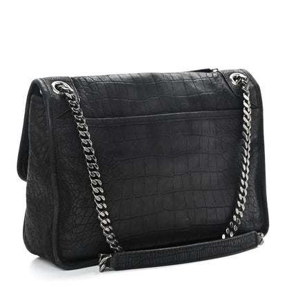 Saint Laurent Nubuck Crocodile Embossed Monogram Medium Niki Chain Satchel Black 3 of 9