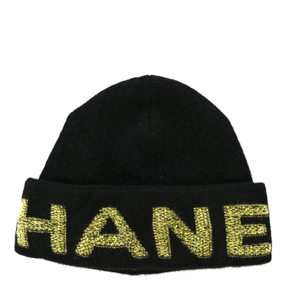 Chanel Wool Cashmere Logo Beanie Hat Black Yellow 1 of 8
