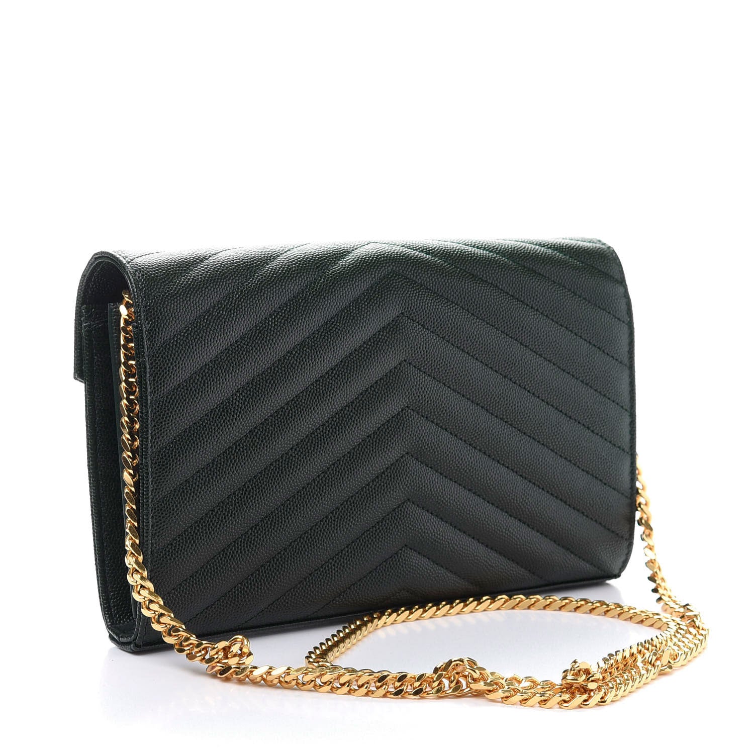Saint Laurent Grain De Poudre Matelasse Chevron Monogram Chain Wallet Dark Green 3 of 11