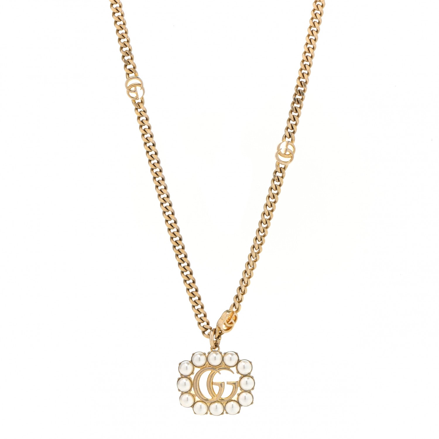 Gucci Pearl Embellished Double G Necklace Aged Gold 1 of 6