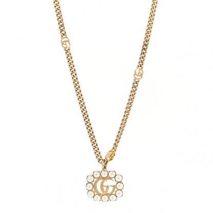 Gucci Pearl Embellished Double G Necklace Aged Gold 1 of 6