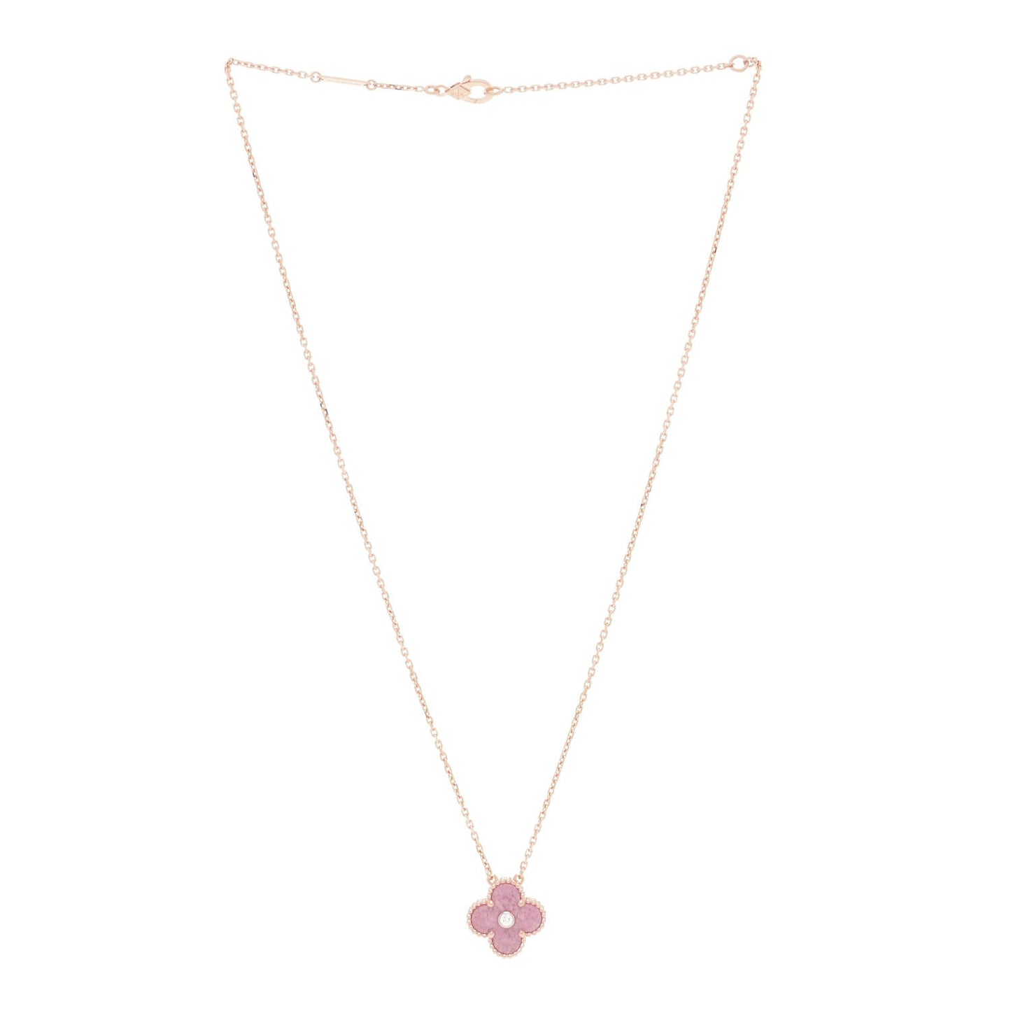 18K Rose Gold Diamond Rhodonite Vintage Alhambra Pendant Necklace