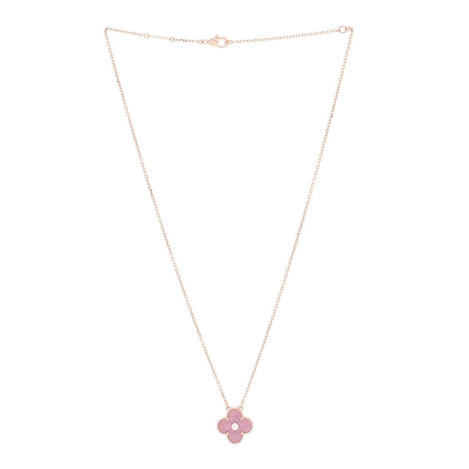 Van Cleef & Arpels 18K Rose Gold Diamond Rhodonite Vintage Alhambra Pendant Necklace 3 of 6