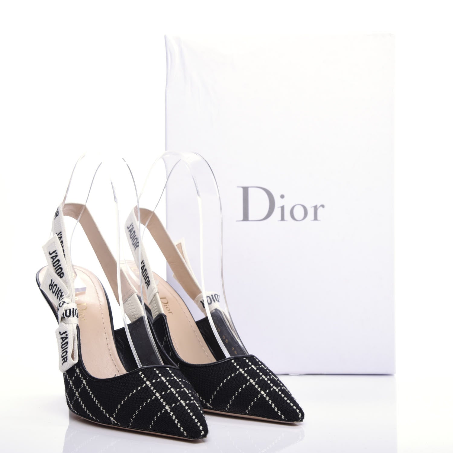Christian Dior Fabric Ribbon Tartan Plaid J'Adoir Slingback 100mm Pumps 37.5 Black White 11 of 11
