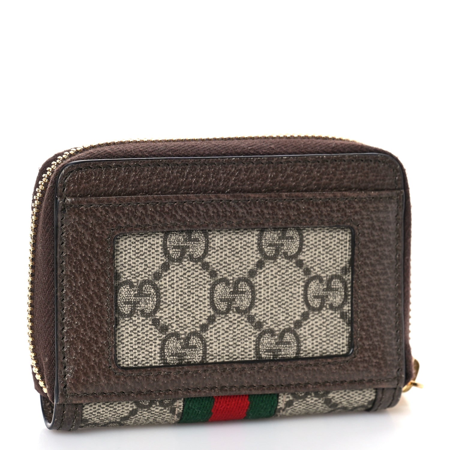 Gucci GG Supreme Monogram Textured Dollar Calfskin Web Ophidia Zip Around Card Case Wallet Beige Ebony New Acero 3 of 9