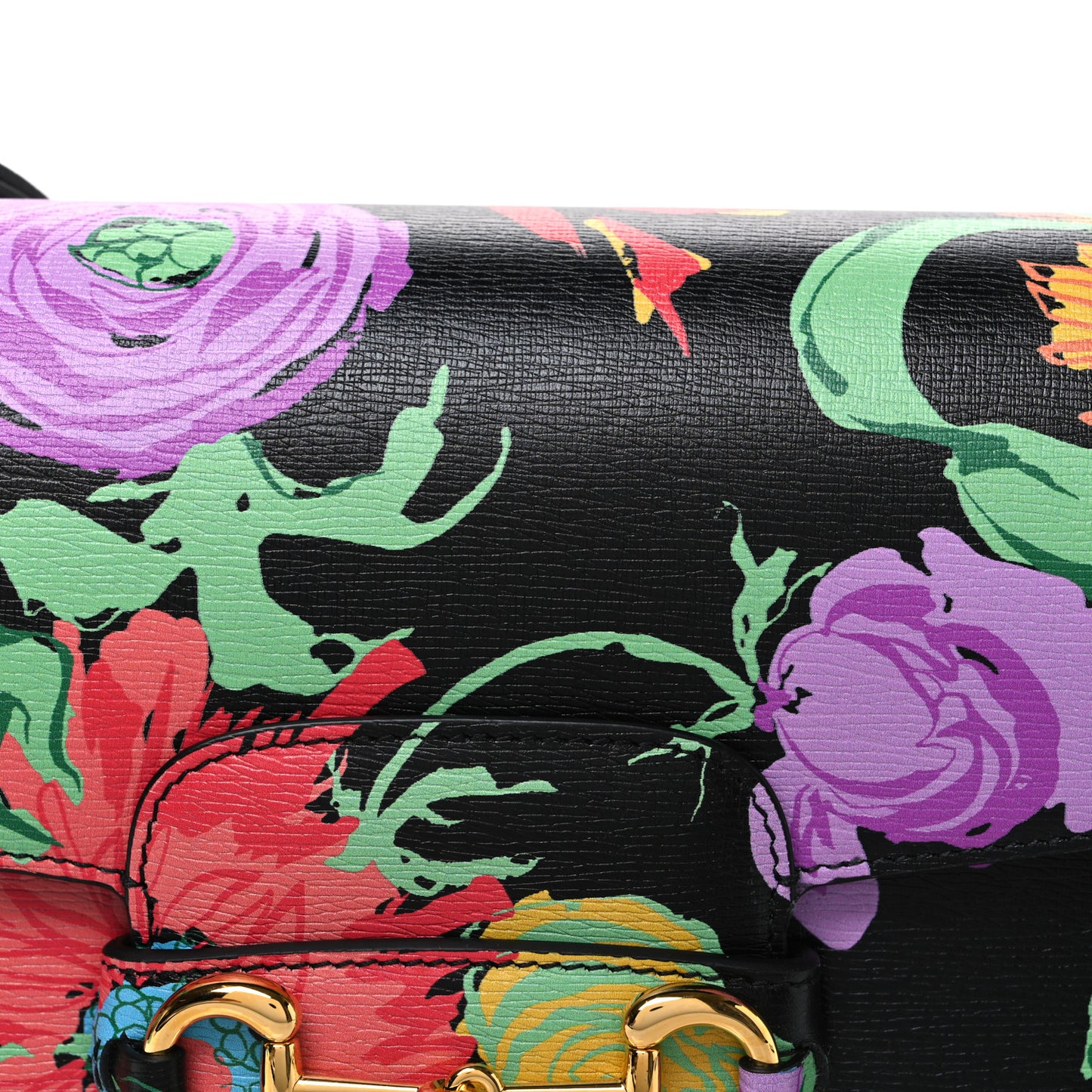 X KEN SCOTT New Shangai Calfskin Jenny Floral Print Horsebit 1955 Shoulder Bag Black Pink
