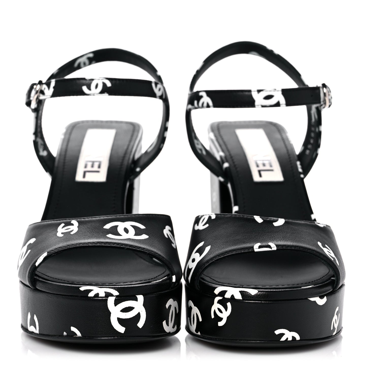 Printed Lambskin CC Platform Sandals 38 Black White