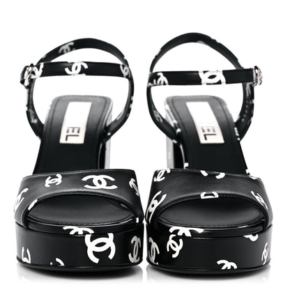 Chanel Printed Lambskin CC Platform Sandals 38 Black White 2 of 9