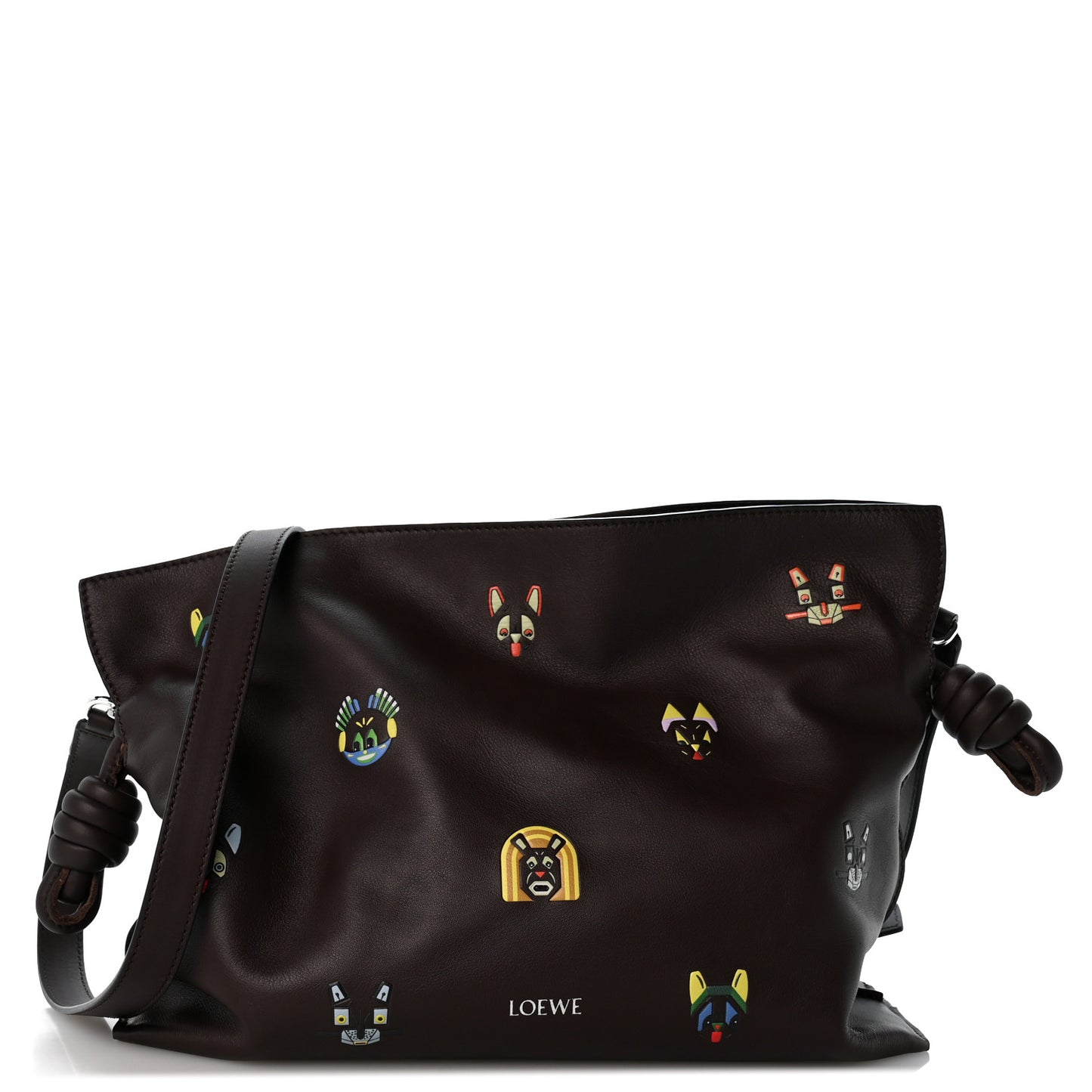 X Louis Wain Calfskin Futurist Cats Medium Flamenco Knot Clutch Brown