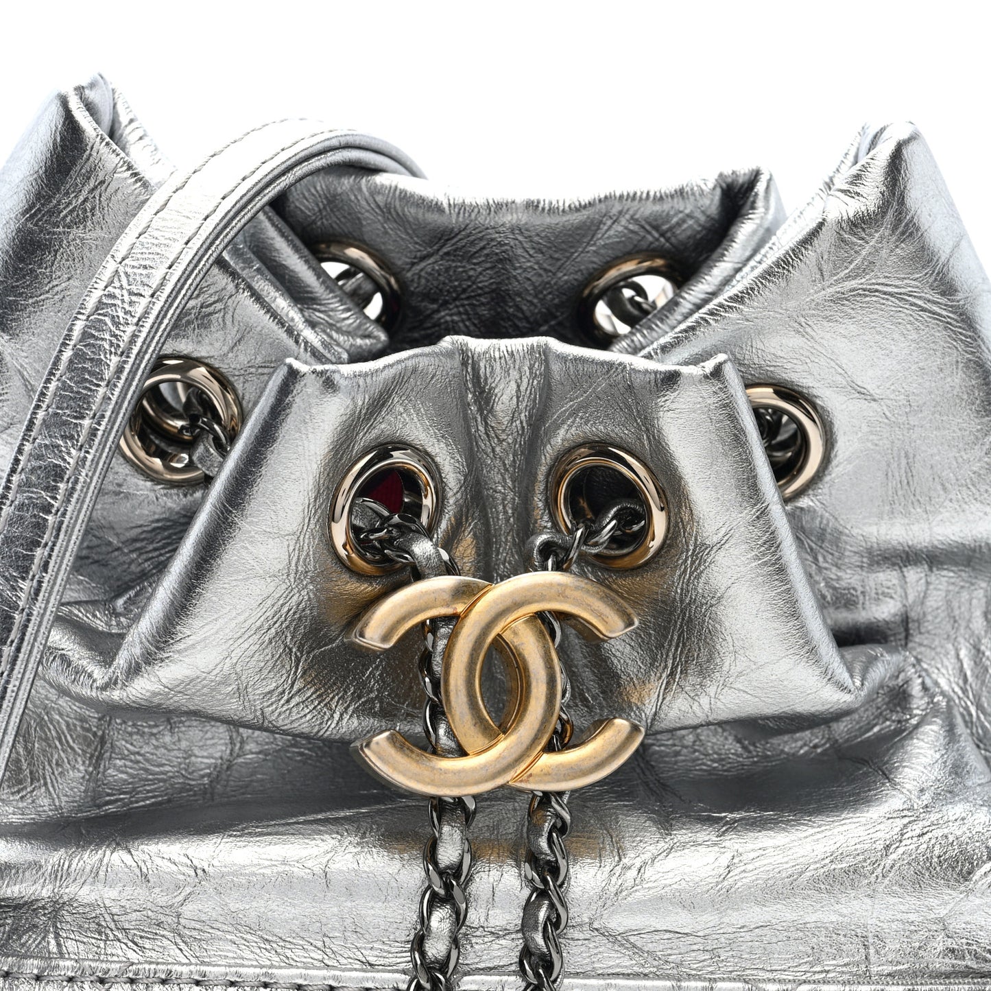 Metallic Aged Calfskin Quilted Small Gabrielle Bucket Silver
