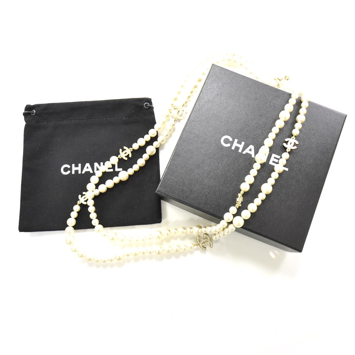 Chanel Pearl Crystal CC Double Strand Necklace Gold 3 of 5