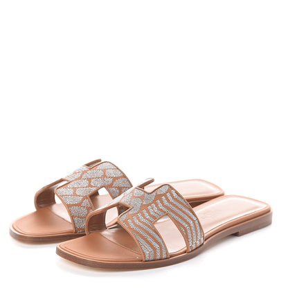 Hermes Embroidered Calfskin Oran Sandals 37 Naturel Gris Argente 3 of 7