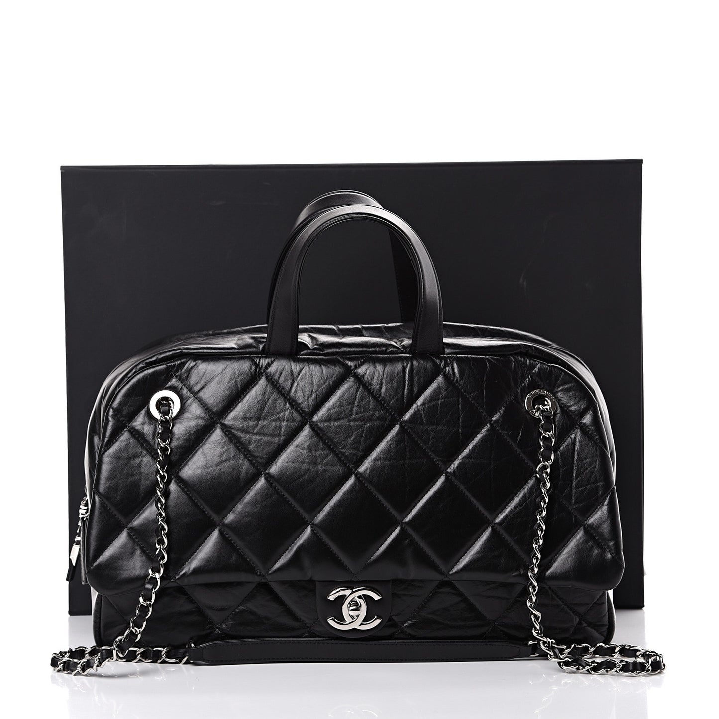 Aged Calfskin Quilted Medium Express Bowling Bag Black
