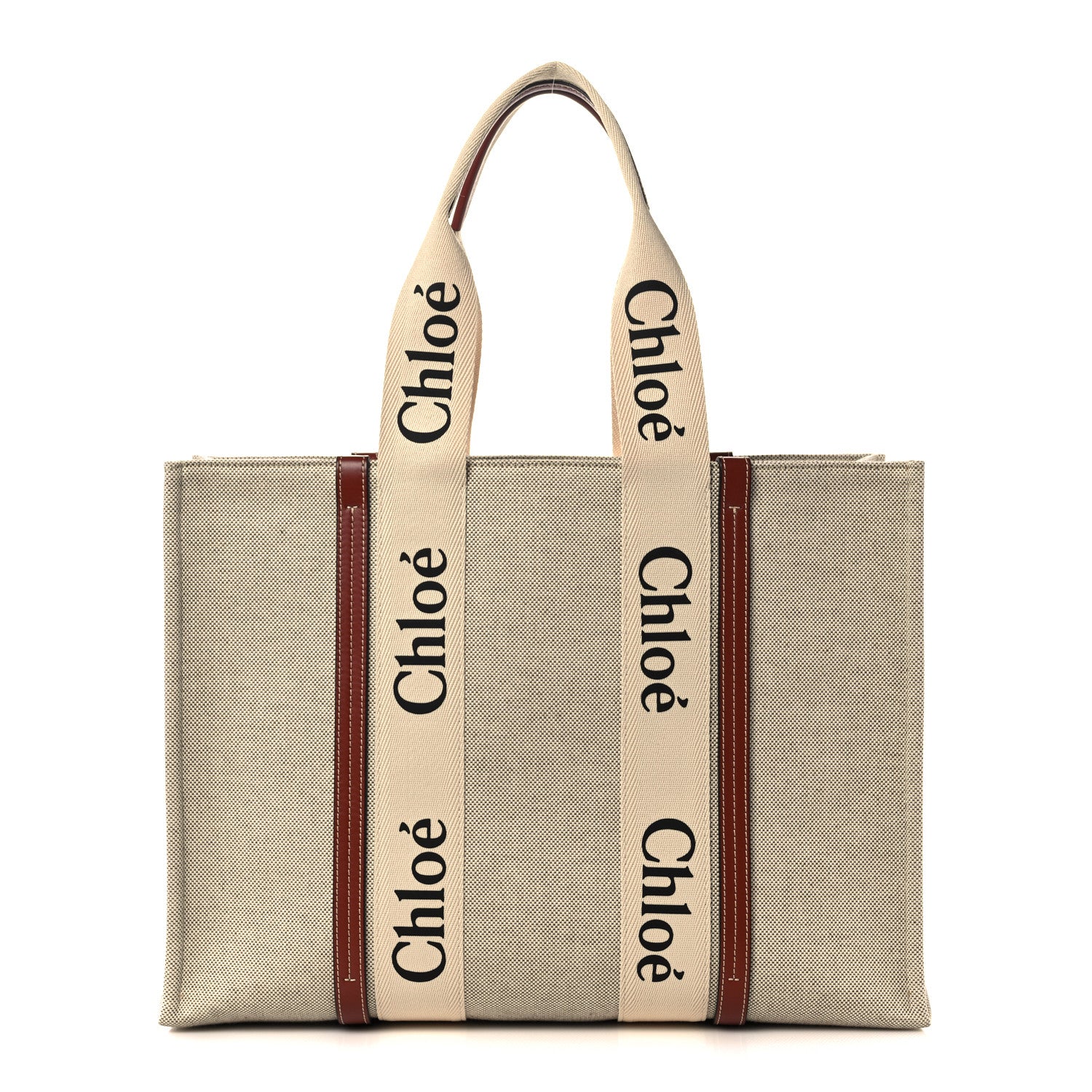 Chloe Cotton Calfskin Large Woody Ribbon Tote White Brown 1 of 12