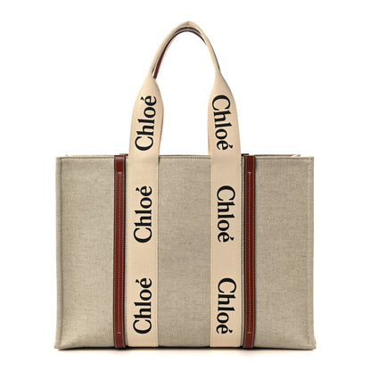 Chloe Cotton Calfskin Large Woody Ribbon Tote White Brown 1 of 12