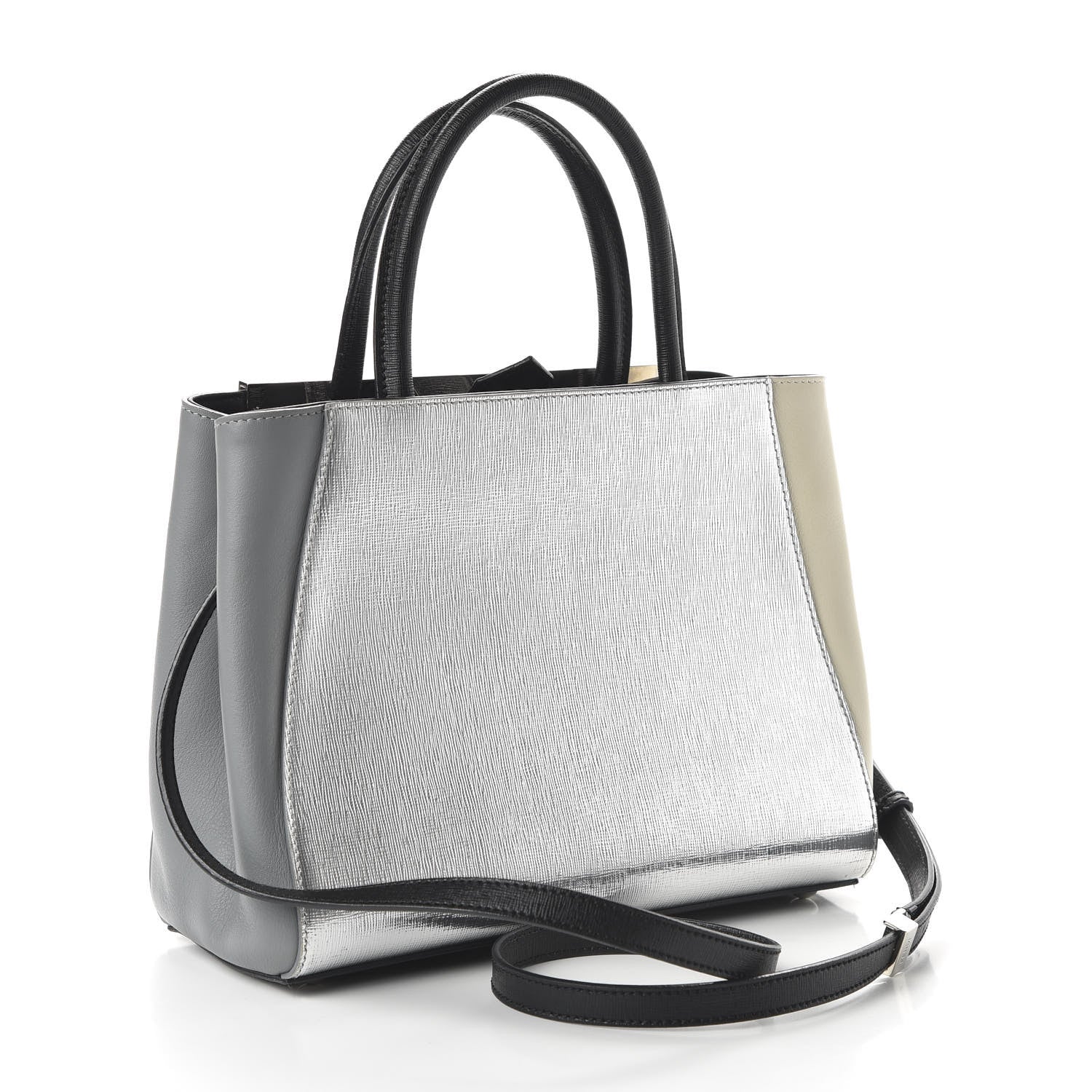 Fendi Vitello Elite Calfskin Colorblock Petite 2Jours Tote Black Multicolor White Argento 3 of 10