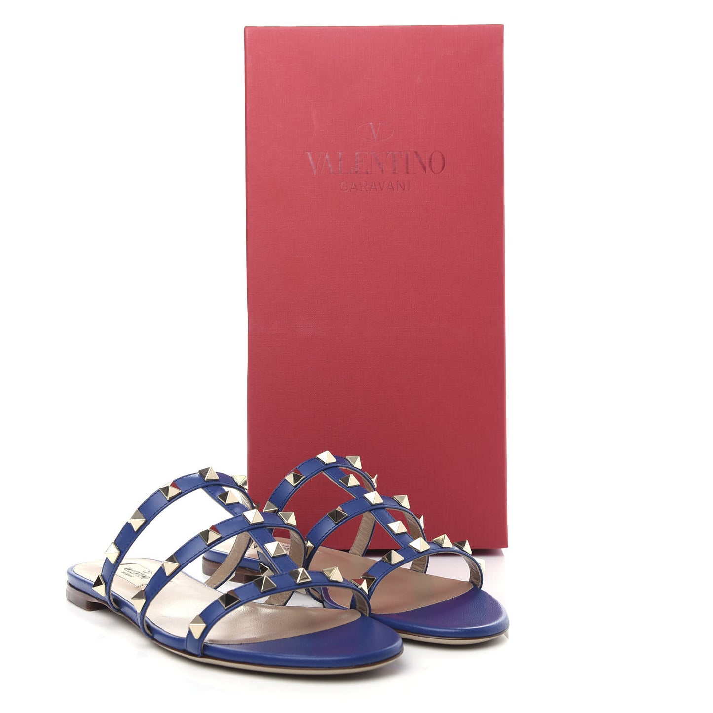 Calfskin Rockstud Caged Flat Slide Sandals 36 Blu Delft