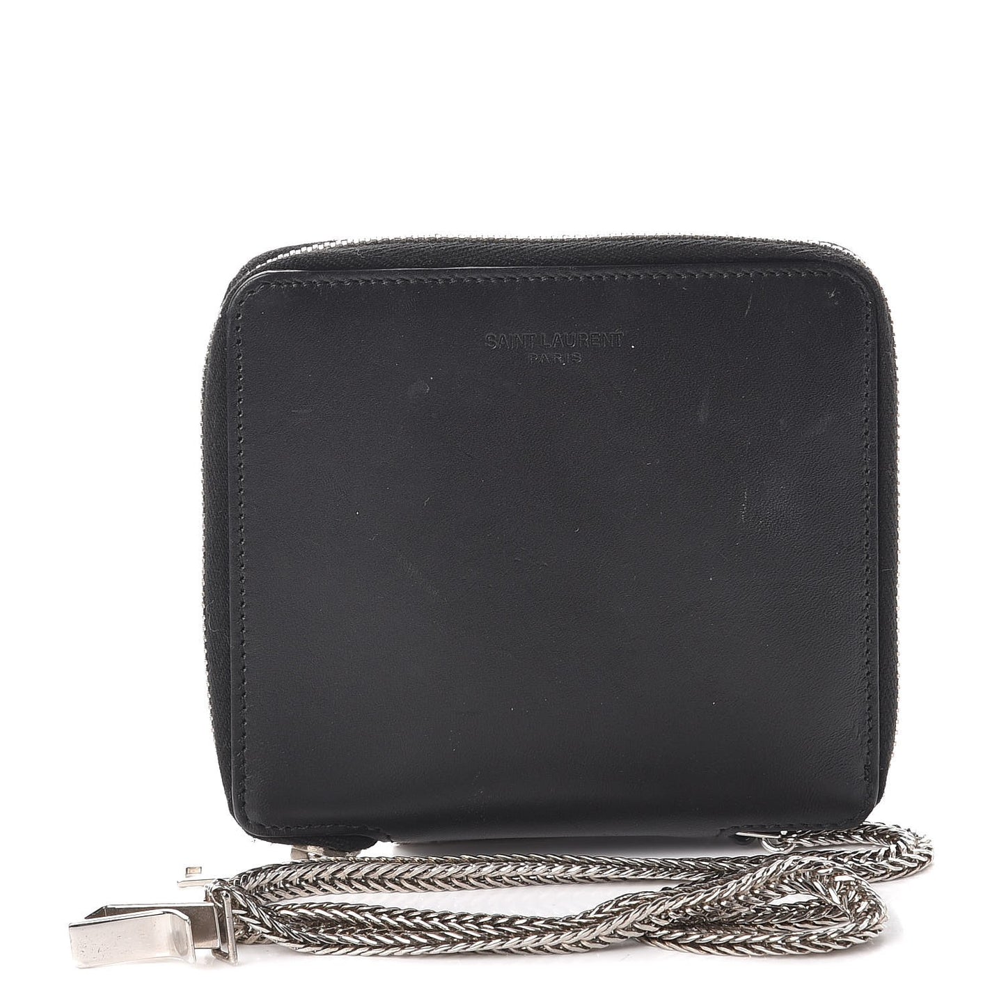 Mens Calfskin Compact Chain Zip Around Wallet Black