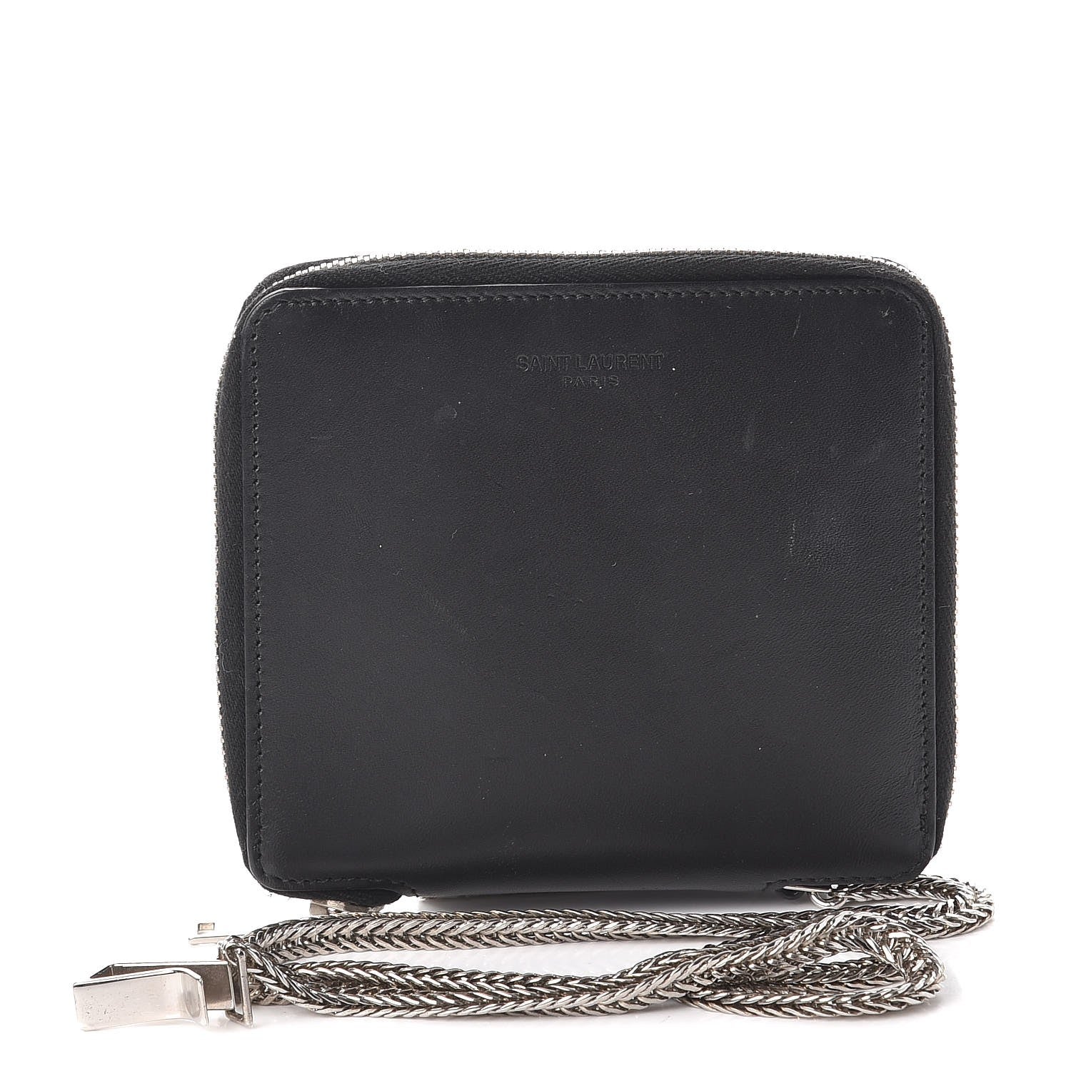 Saint Laurent Mens Calfskin Compact Chain Zip Around Wallet Black 1 of 13