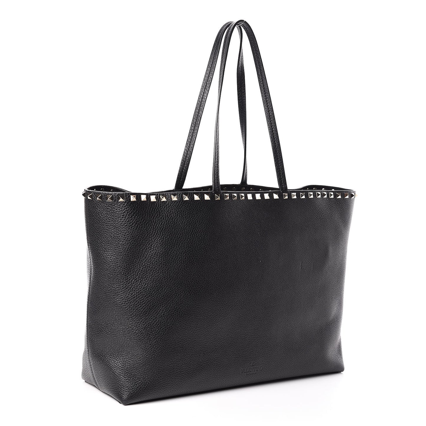 Grained Calfskin Rockstud Shoulder Tote Black