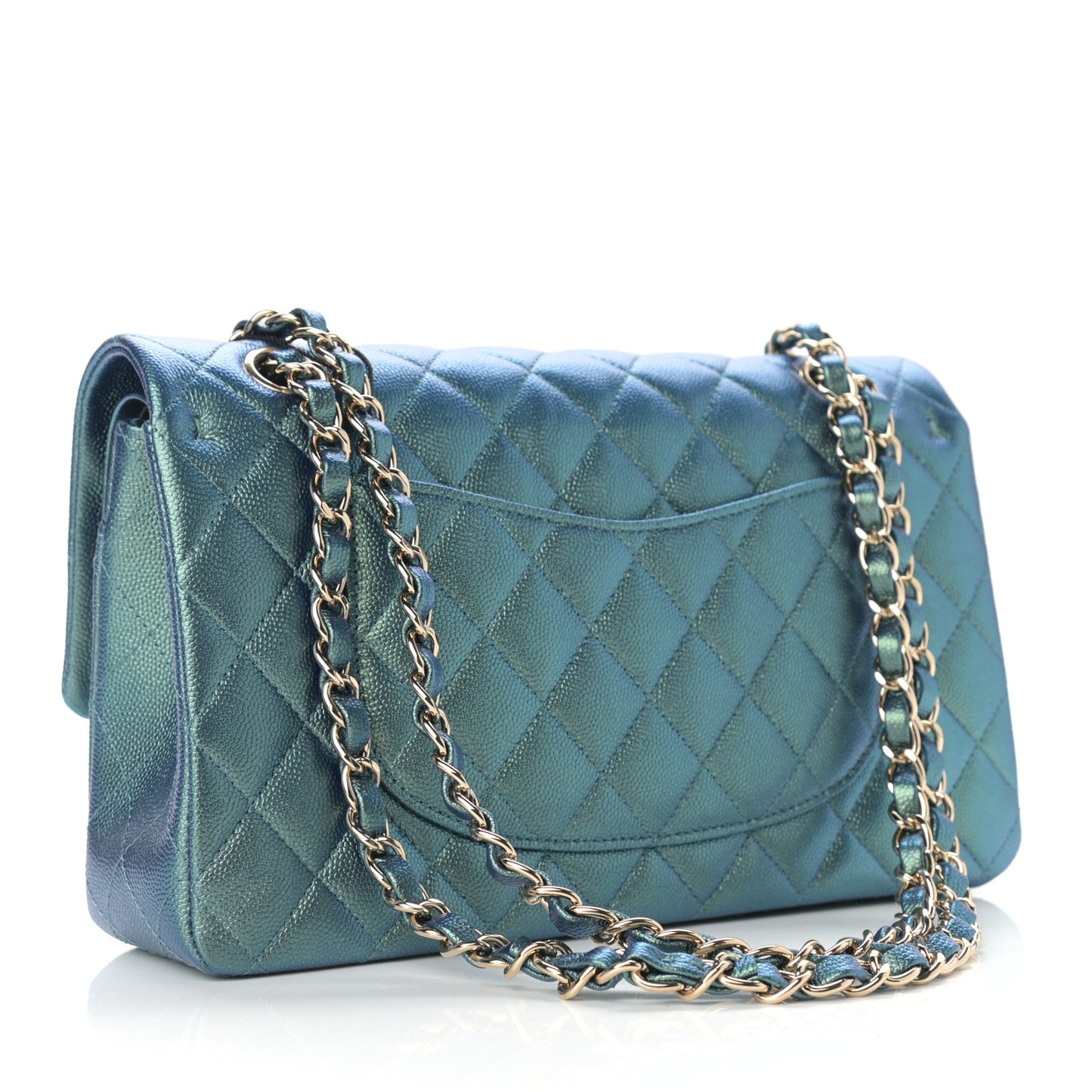 Iridescent Caviar Quilted Medium Double Flap Green