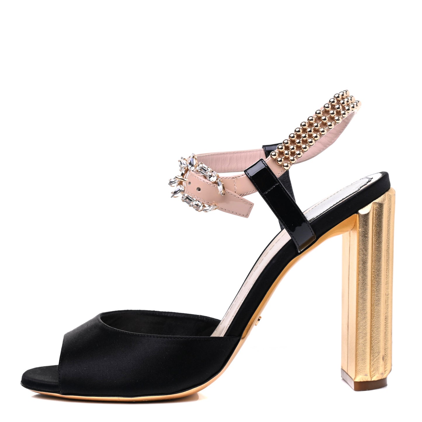 Satin Crystal Embellished Ankle Strap Sandals 39.5 Black