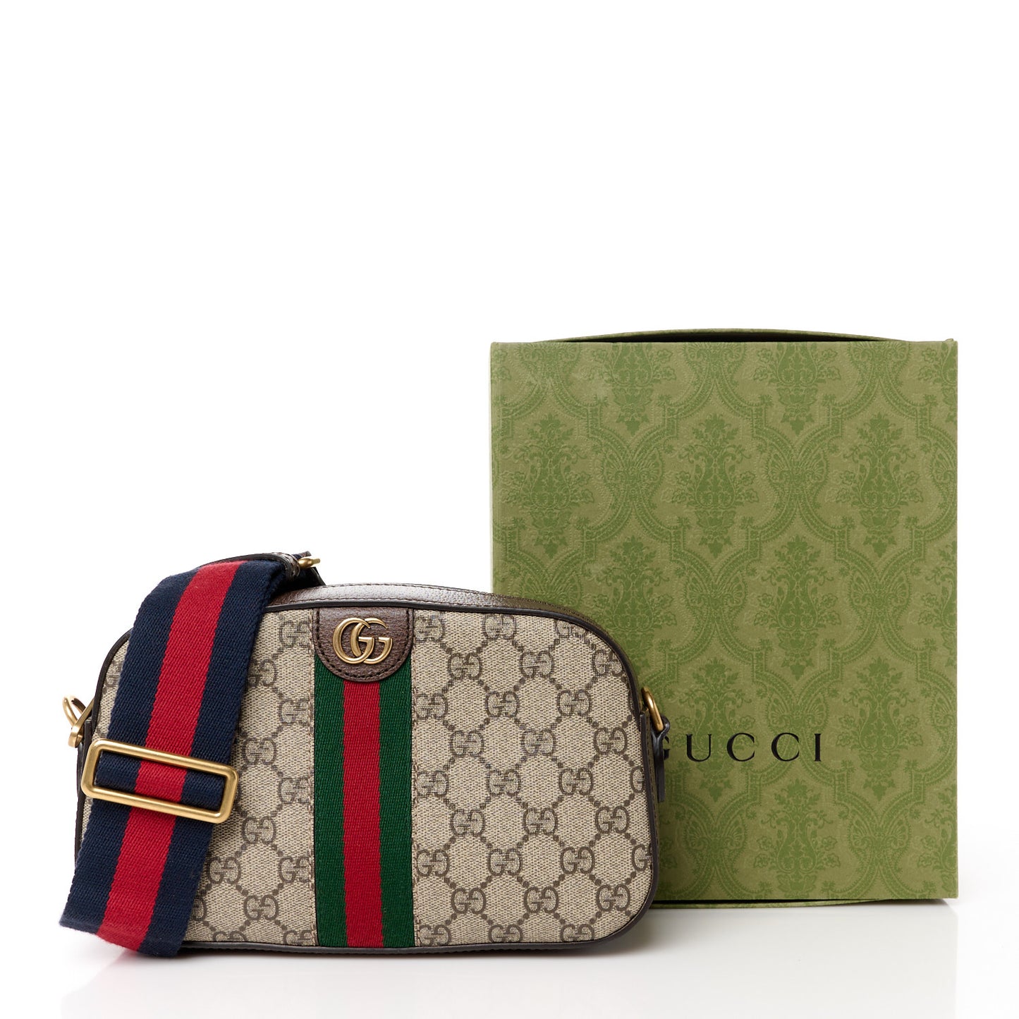 GG Supreme Monogram Textured Dollar Calfskin Web Ophidia Wristlet Shoulder Bag Beige Ebony New Acero