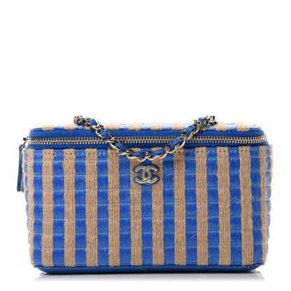 Chanel Raffia Jute Striped Small Vanity Case With Chain Blue Beige 1 of 11