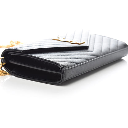 Saint Laurent Grain De Poudre Matelasse Chevron Monogram Chain Wallet Black 8 of 9