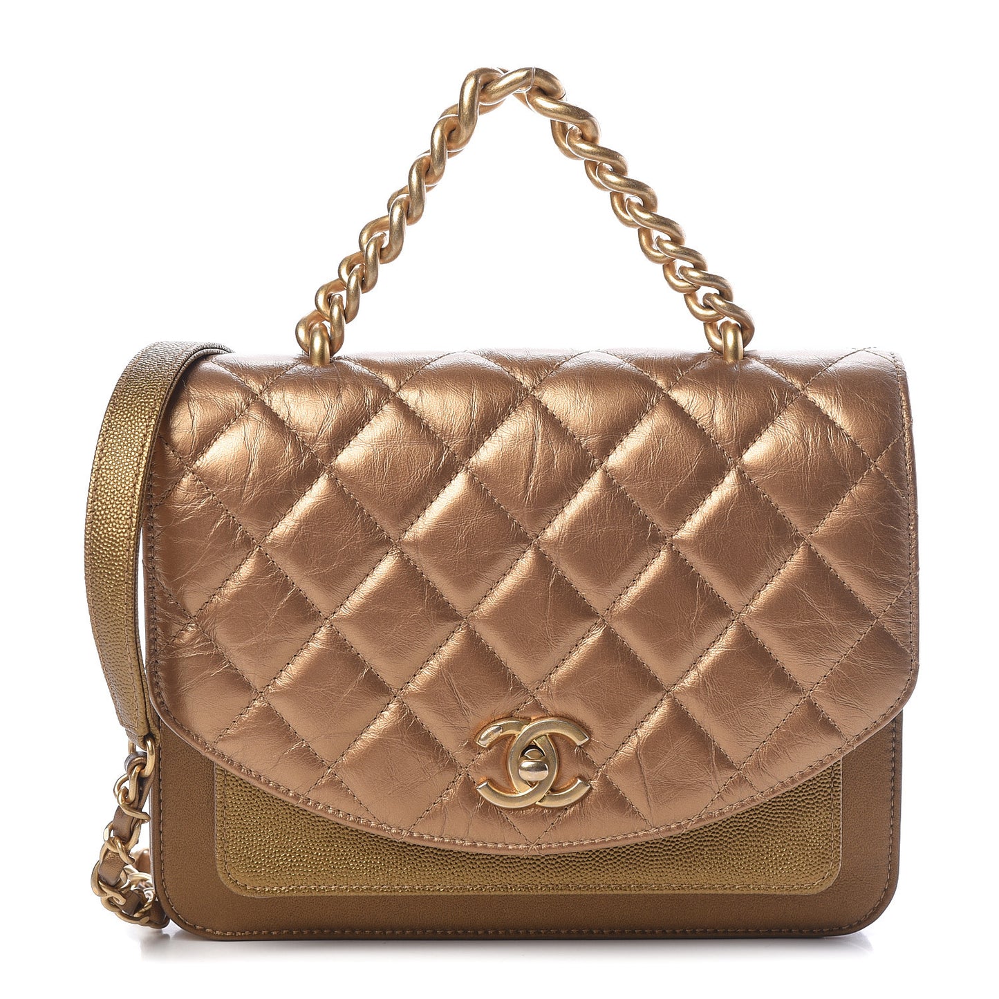 Metallic Lambskin Caviar Quilted Chain Handle Flap Bronze