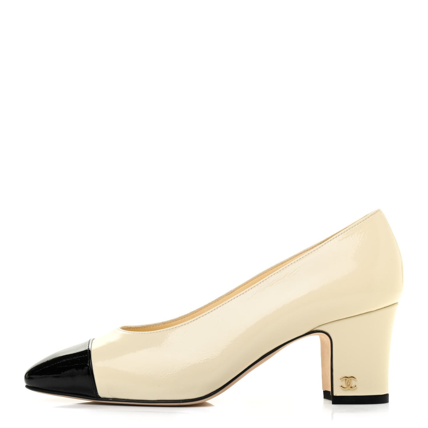 Patent Calfskin Cap Toe Pumps 37 Beige Black