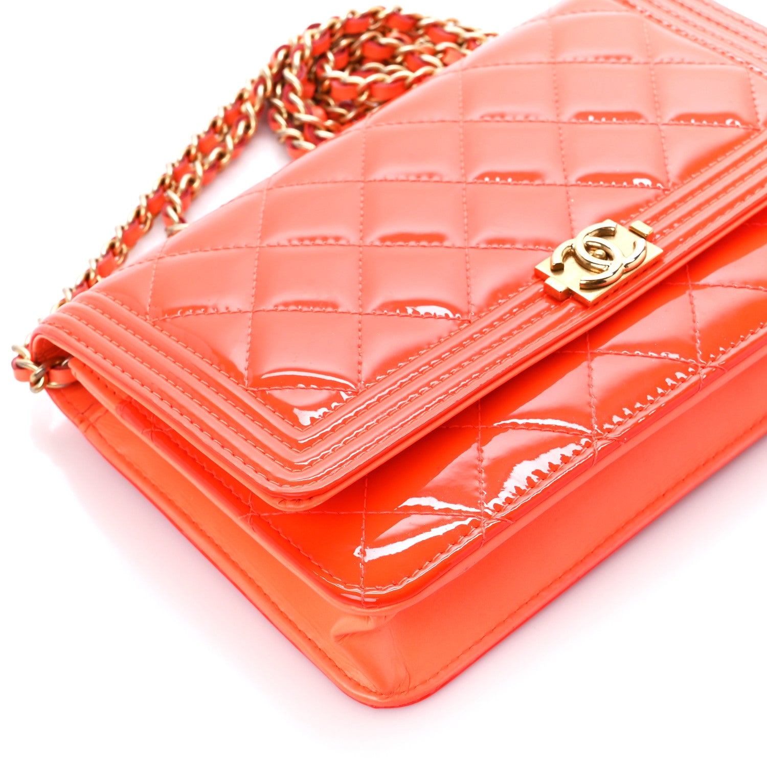 Chanel Patent Calfskin Quilted Boy Wallet On Chain WOC Orange 10 of 11