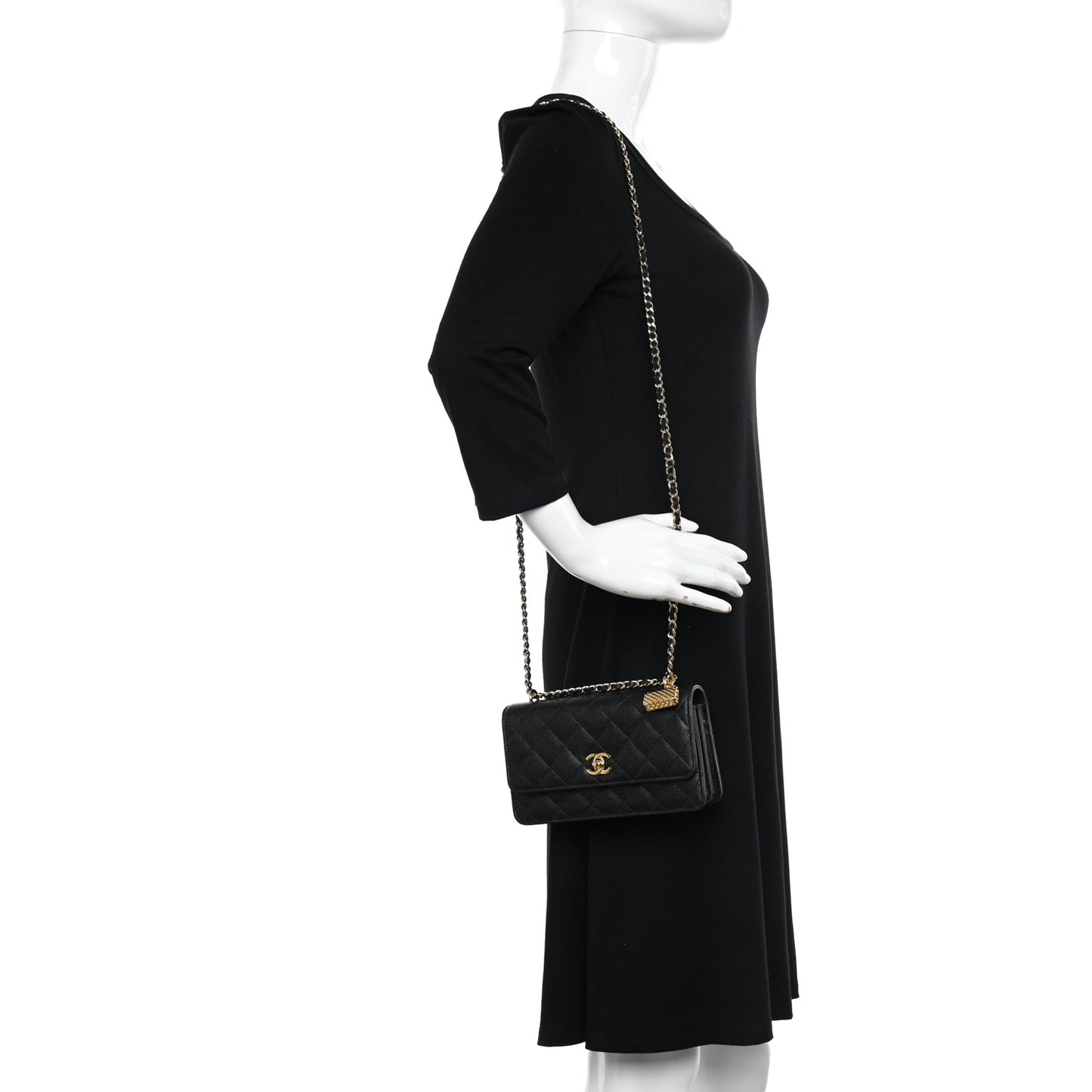 Shiny Caviar Quilted Flap Charm Wallet On Chain WOC Black