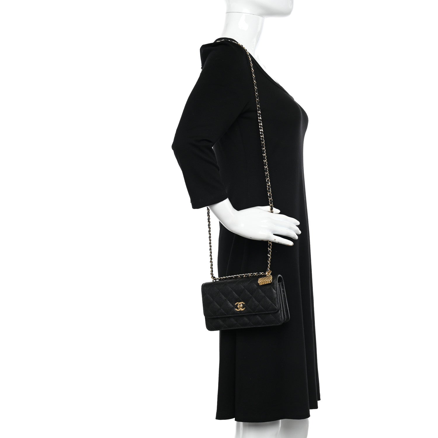 Chanel Shiny Caviar Quilted Flap Charm Wallet On Chain WOC Black 2 of 13