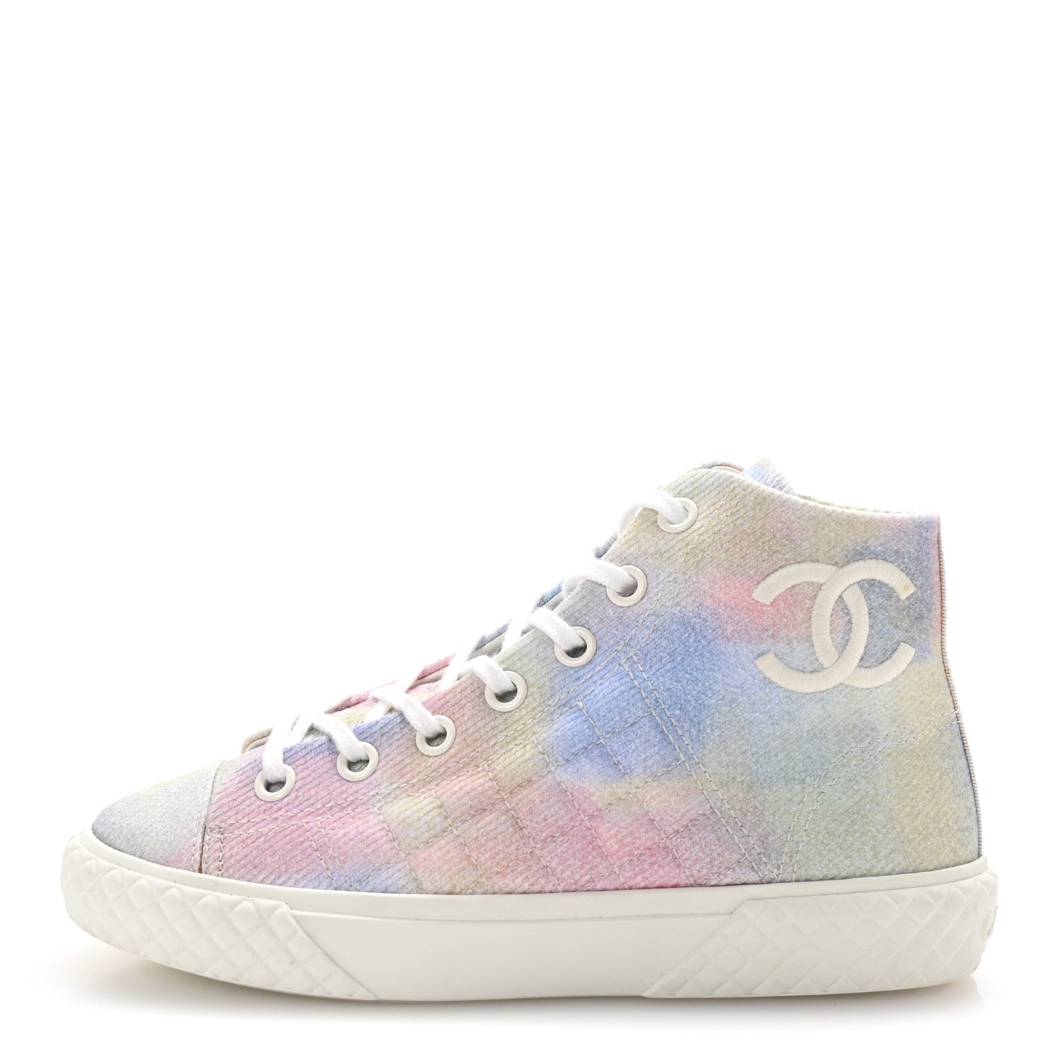 Chanel Printed Fabric Quilted High Top Sneakers 37 Green Pink Blue White 1 of 10