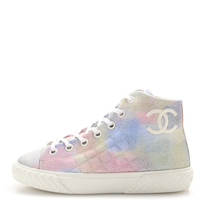 Chanel Printed Fabric Quilted High Top Sneakers 37 Green Pink Blue White 1 of 10