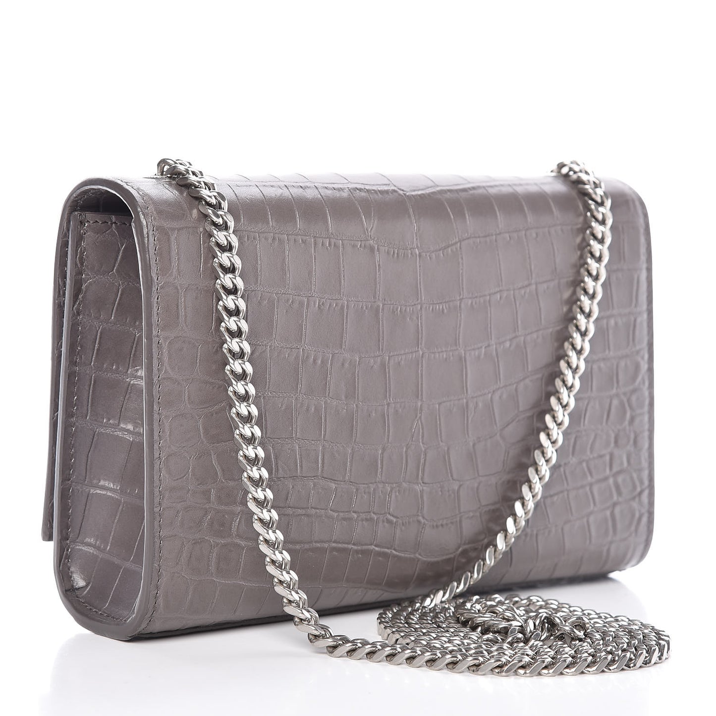 Calfskin Crocodile Embossed Small Classic Monogram Kate Tassel Satchel Fog