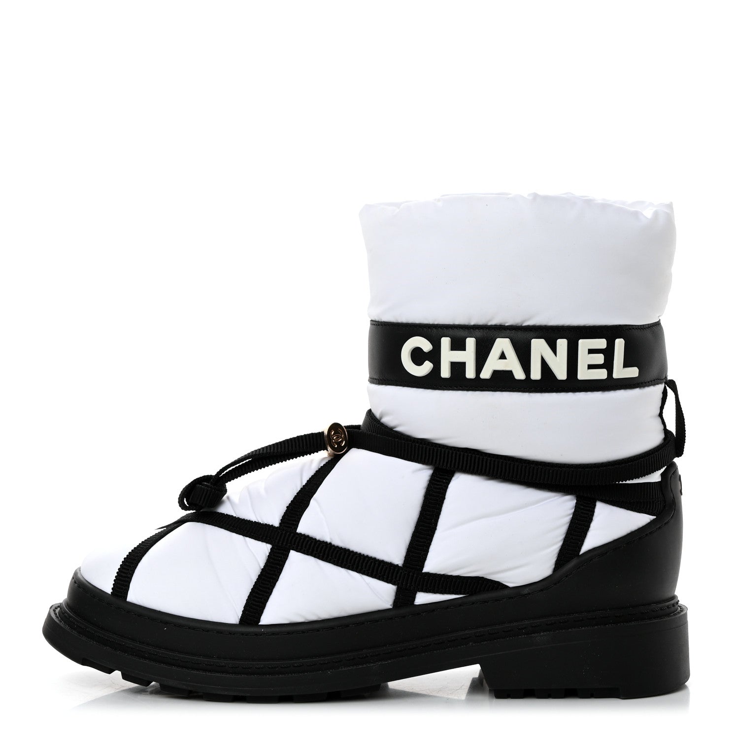 Chanel Calfskin Nylon Grosgrain CC Ankle Snow Boots 39 White Black 1 of 10