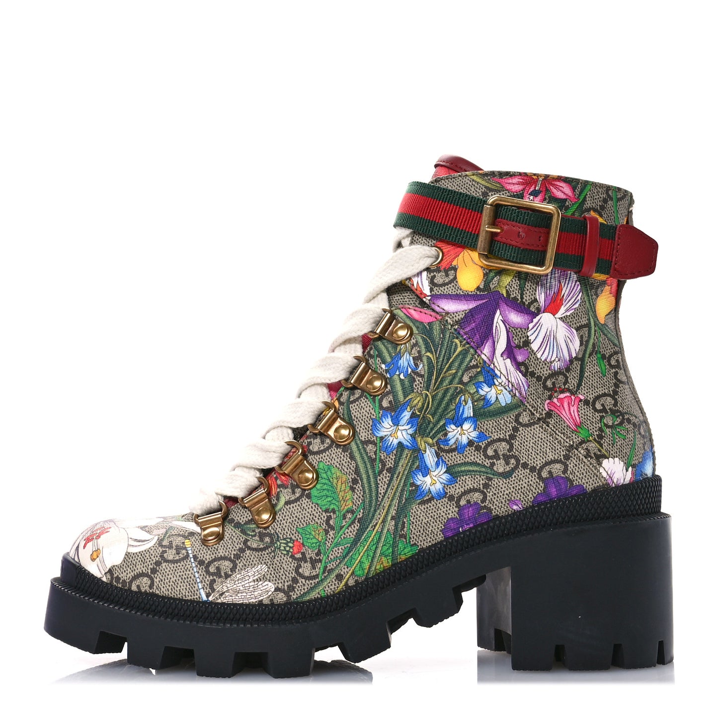 GG Supreme Monogram Flora Lace Up Combat Ankle Boots 35.5 Beige Multicolor Red
