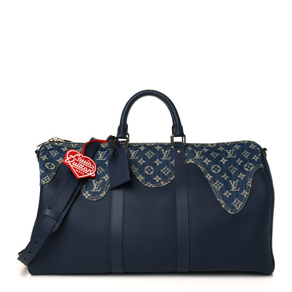 Louis Vuitton X NIGO Taurillon Monogram Denim Drip Keepall Bandouliere 50 Blue 1 of 8
