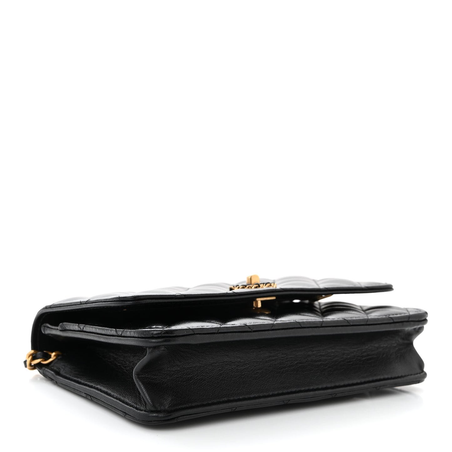 Shiny Calfskin Quilted Metal Top Handle Wallet On Chain WOC Black