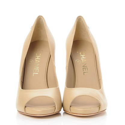 Chanel Lambskin Pearl Peep Toe Pumps 36.5 Beige 2 of 9