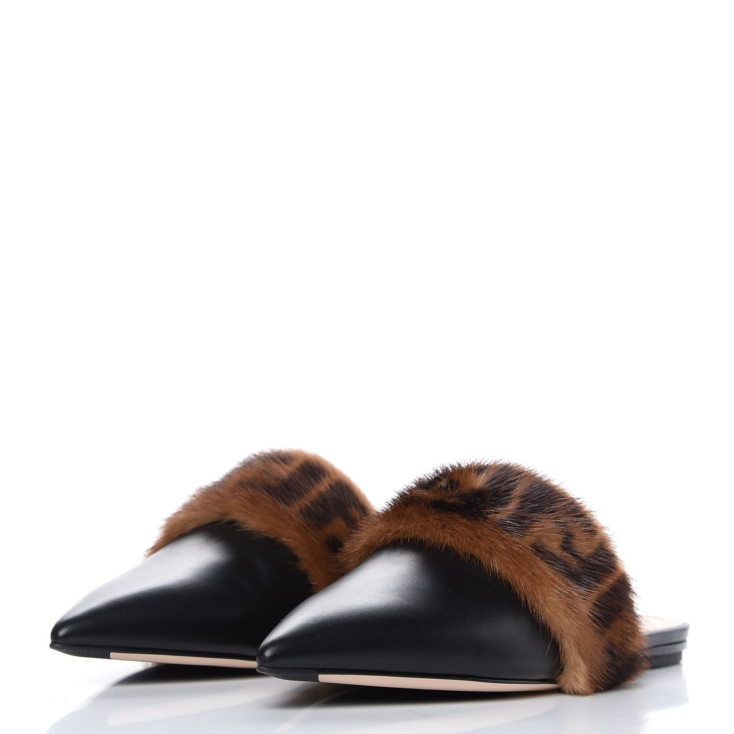 Calfskin Mink Fur FF Flat Mules 37.5 Black