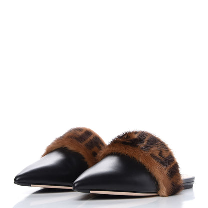 Fendi Calfskin Mink Fur FF Flat Mules 37.5 Black 2 of 11