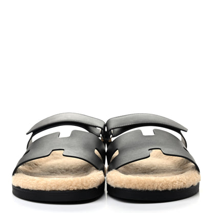 Hermes Veau Indios Woolskin Mens Chypre Sandals 44 Black Ecru 2 of 8