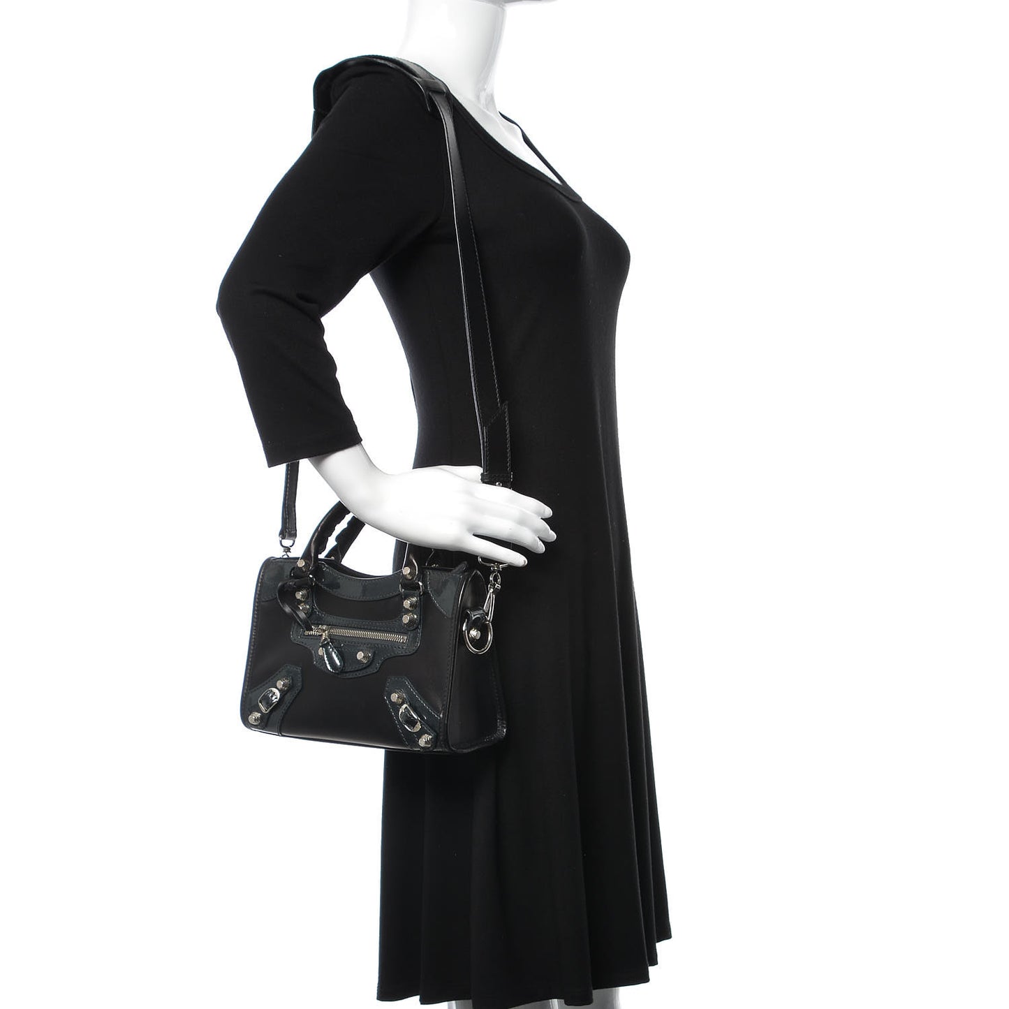 Smooth Calfskin Metallic Patent Giant 12 Silver Hardware Mini City Black Gris