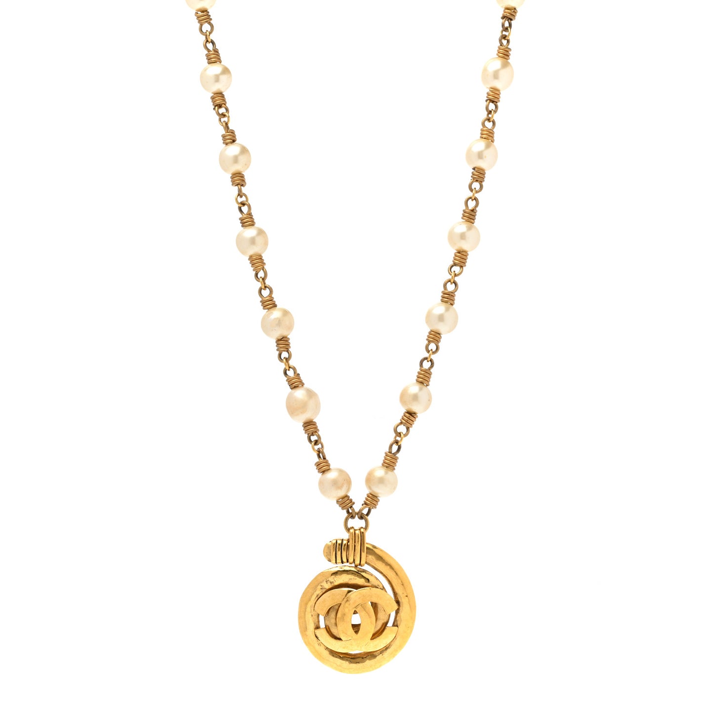 Pearl Chain CC Pendant Necklace Gold