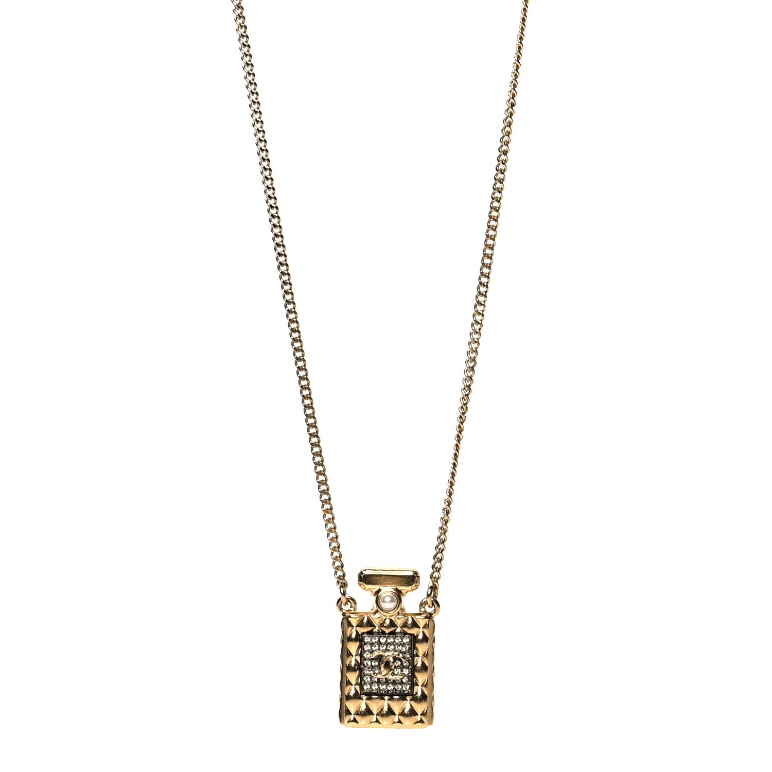 Chanel Crystal Pearl Perfume Bottle CC Necklace Black Gold 1 of 5