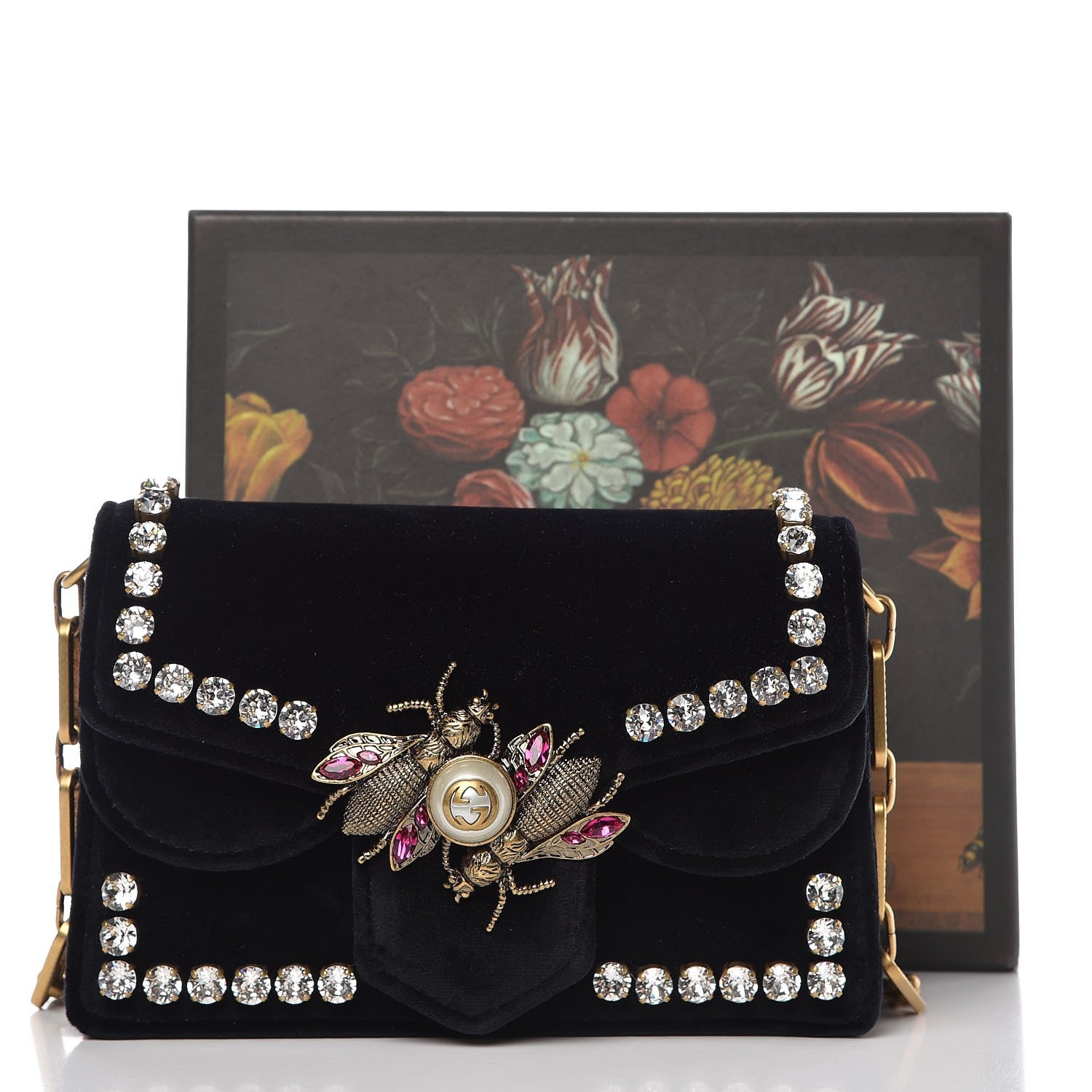 Gucci Velvet Crystal Mini Bee Broadway Shoulder Bag Black 7 of 7